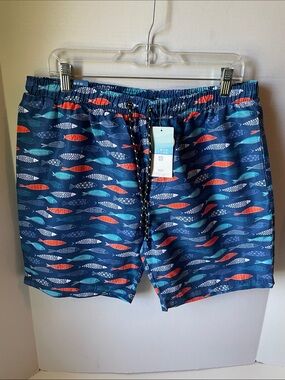 Distortion Men's  Size XL Navy Fish-Print Swim Trunks NWT UPF 50+